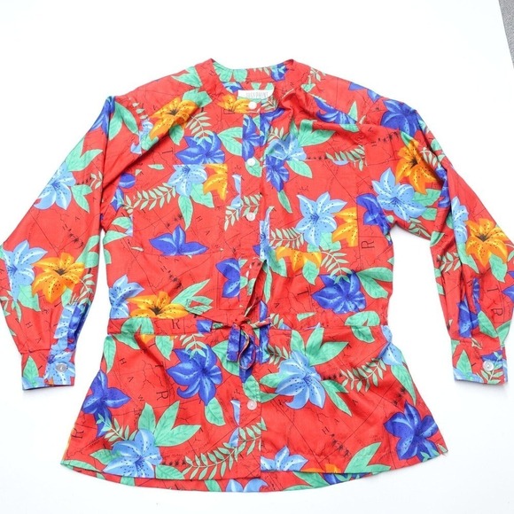 Josephine Blouse Women's Small Red Floral Polyester Tie Waist Full Button Top - Picture 1 of 9